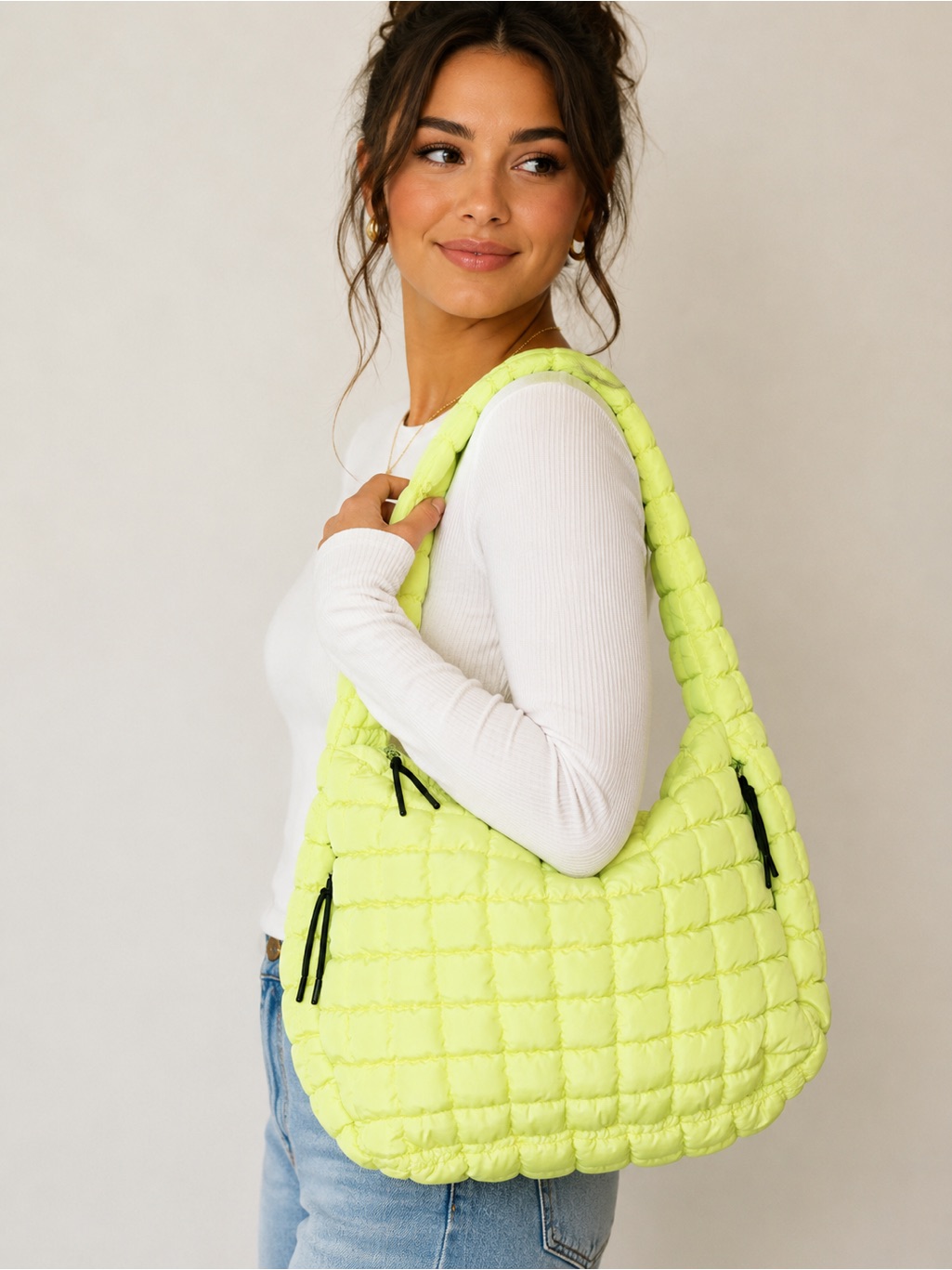 Katydid Oversized Quilted Hobo Tote Bag Lime Green Puffer Nwot